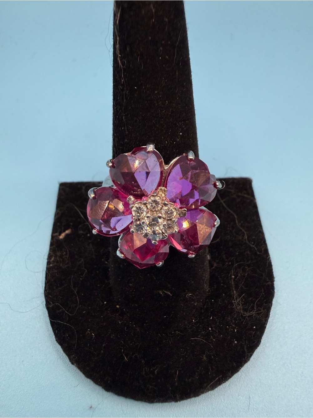 925 silver Bulgari flower ring featuring pear-cut pink tourmalines